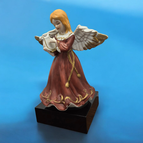 Hand-Painted Tearful Bisque Porcelain Angel with Harp Vintage Rotating Music Box - Picture 2 of 13